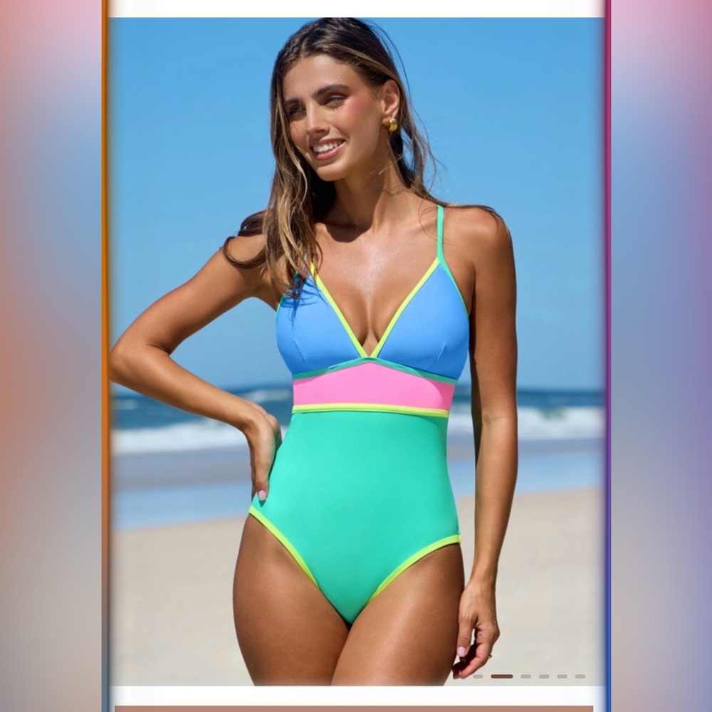 Popvil Color Block Patchwork One Piece Swimsuit